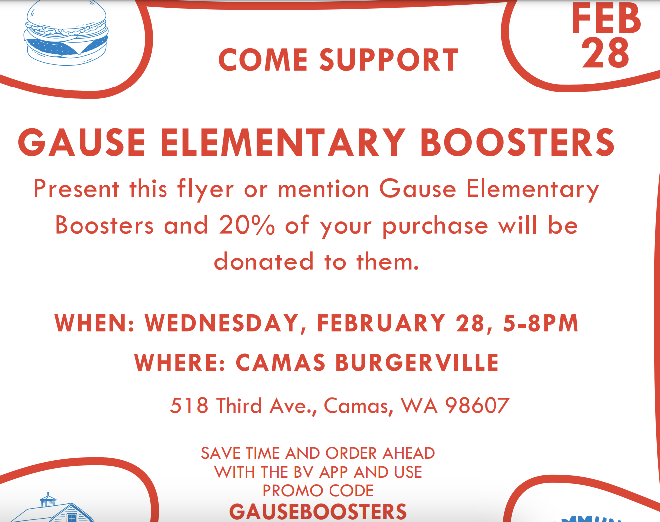 Announcement of Gause Elementary Boosters Wed, Feb. 28 (5-8pm) fundraiser at the Camas Burgerville.